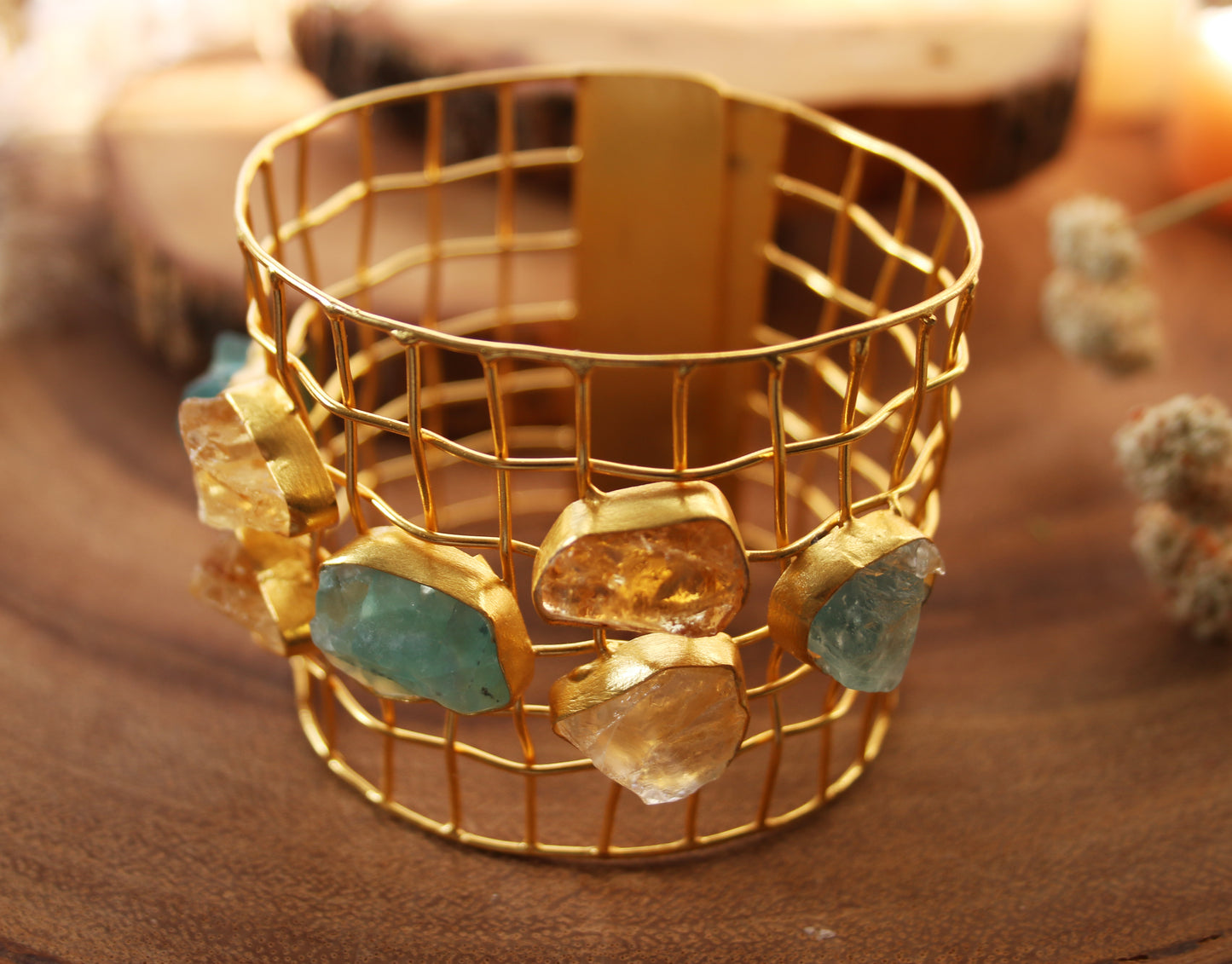 CAGE CUFF WITH NATURAL STONES - The Glam Harbor