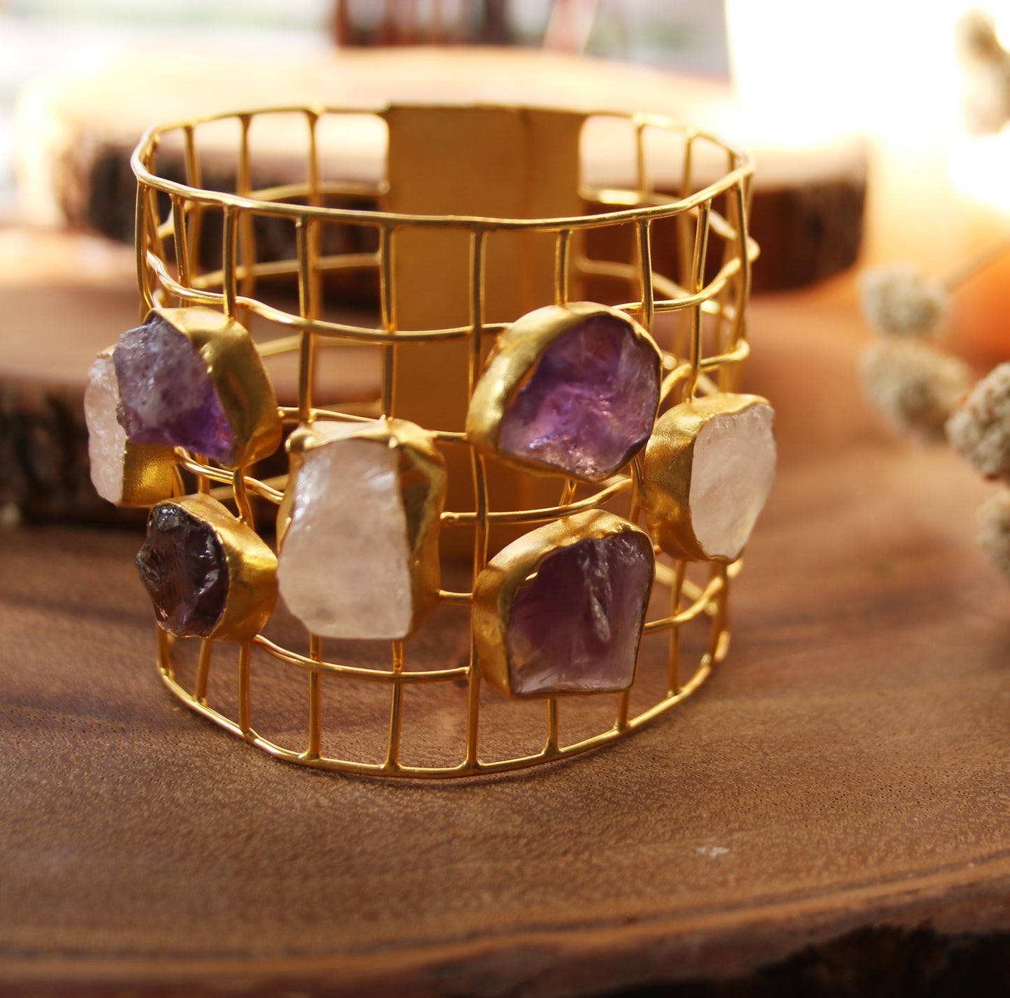 CAGE CUFF WITH NATURAL STONES - The Glam Harbor